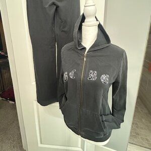 BCBG Bling Sequin Hoodie Track Suit M Charcoal Gray Drawstring Zip